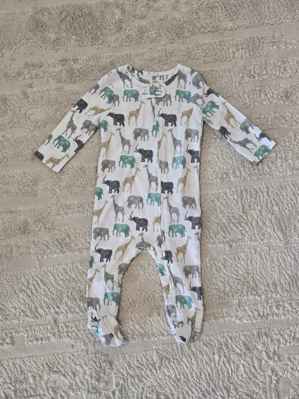 aden + anais White Footed One-Piece with Green, Gray & Tan Safari Animals 6-9m